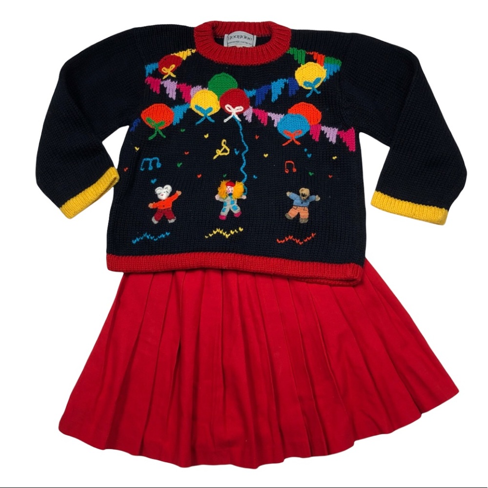 Vintage Rare Handmade Gougane Clown Birthday Sweater Red Pleated Skirt 4